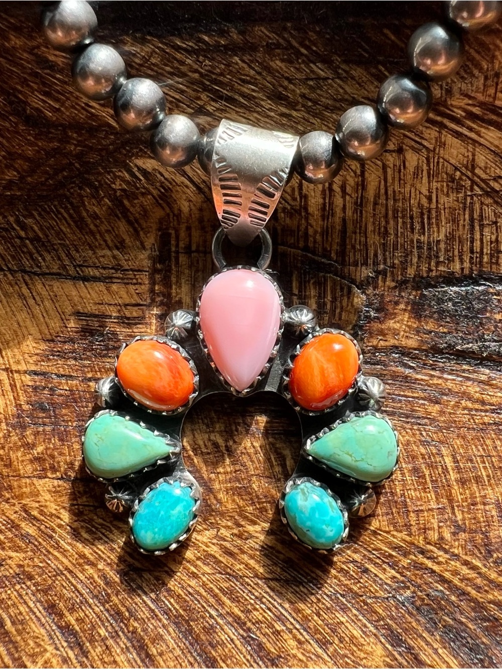 Sterling Silver Multi Stone Naja Pendant Kingman Turquoise Pink Conch Spiny - Picture 2 of 12